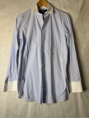 Homme girls Classic Light Blue Pinstripe Dress Shirt with White Contrast Collar